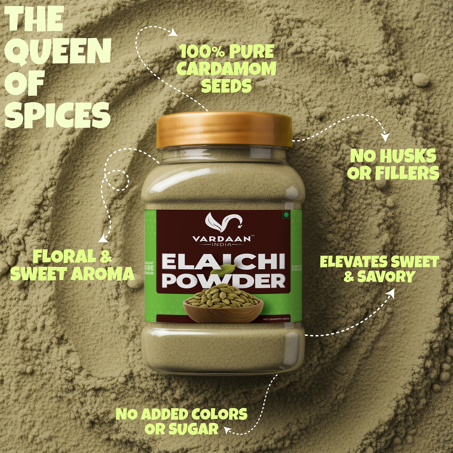 Vardaan India 100% Pure Cardamom Powder | Premium Green Elaichi | Grounded & Aromatic | Natural & Chemical-Free Indian Spice | 200gm |