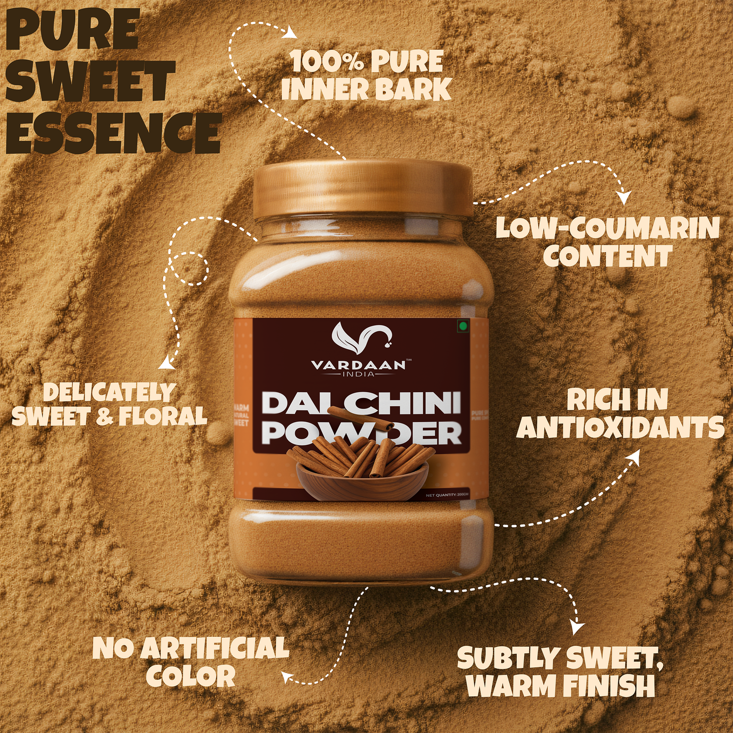 Vardaan India 100% Pure Cinnamon Powder | Premium Dalchini | Grounded, Aromatic & Chemical-Free Indian Spice | 200gm |