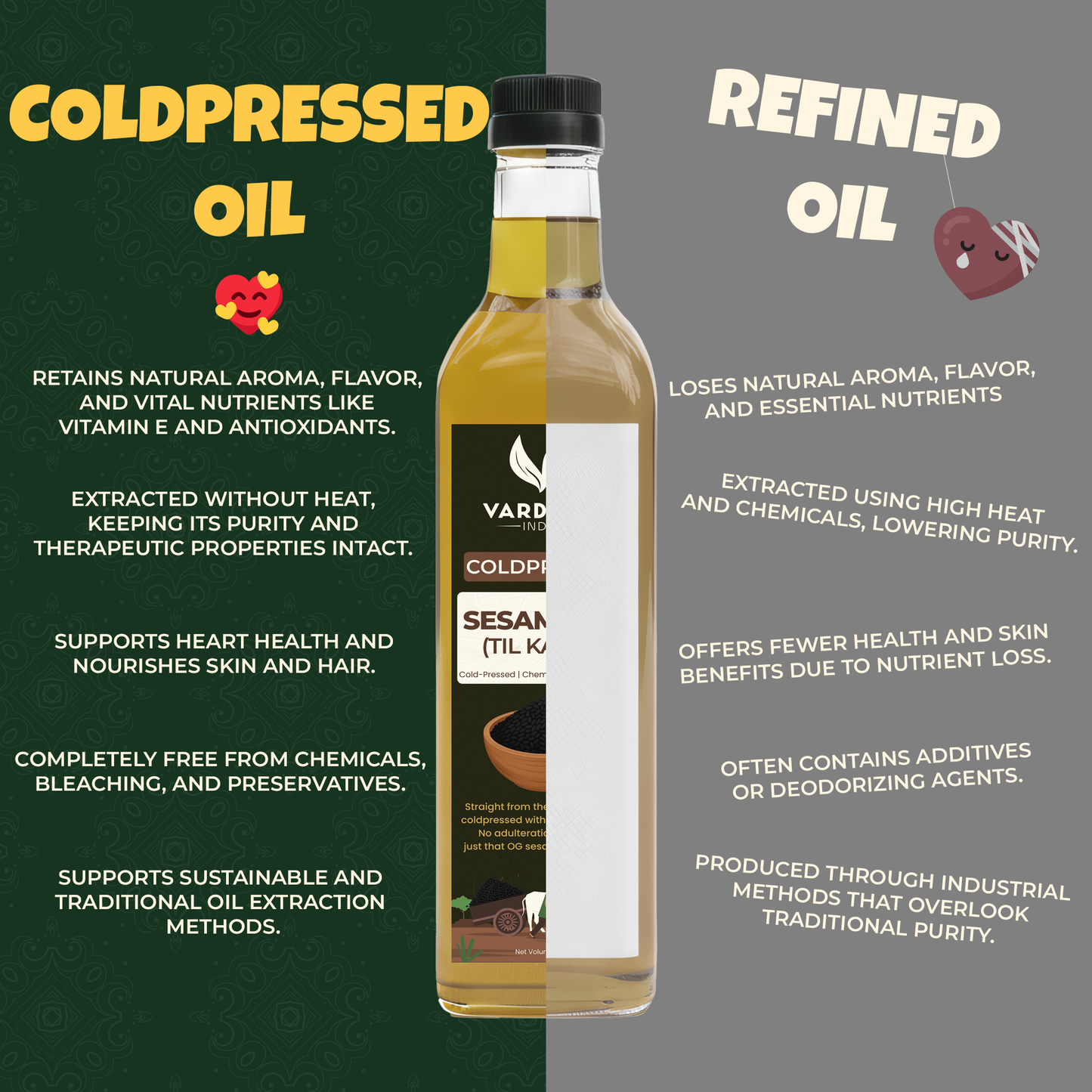 Vardaan India 100% Pure Cold Pressed Sesame Oil | Wood Pressed Gingelly Oil | Unrefined & Chemical-Free Cooking Oil | 1L |