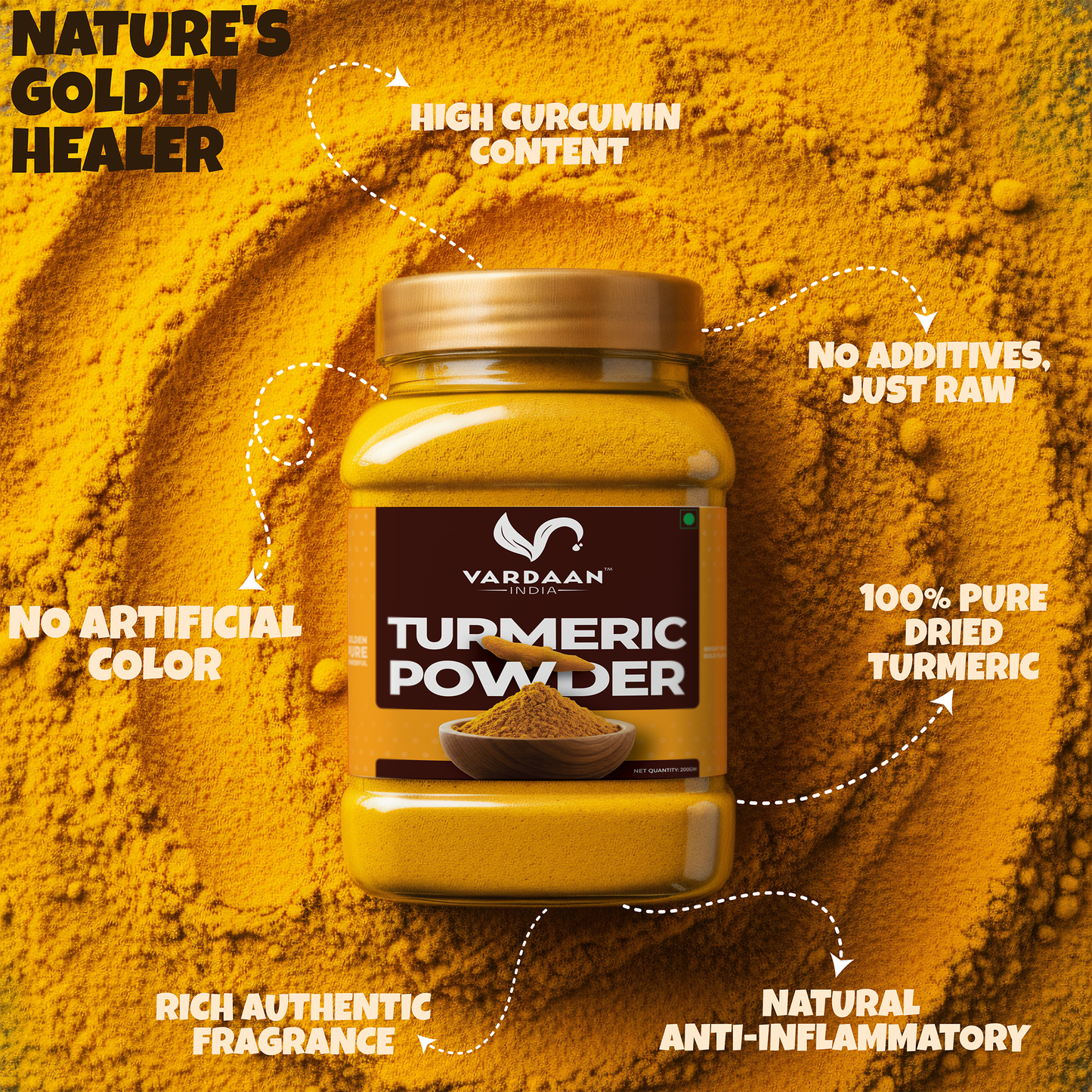 Vardaan India 100% Pure Turmeric Powder | Haldi | Rich in Curcumin | Natural & Chemical-Free Indian Spice | 200gm |