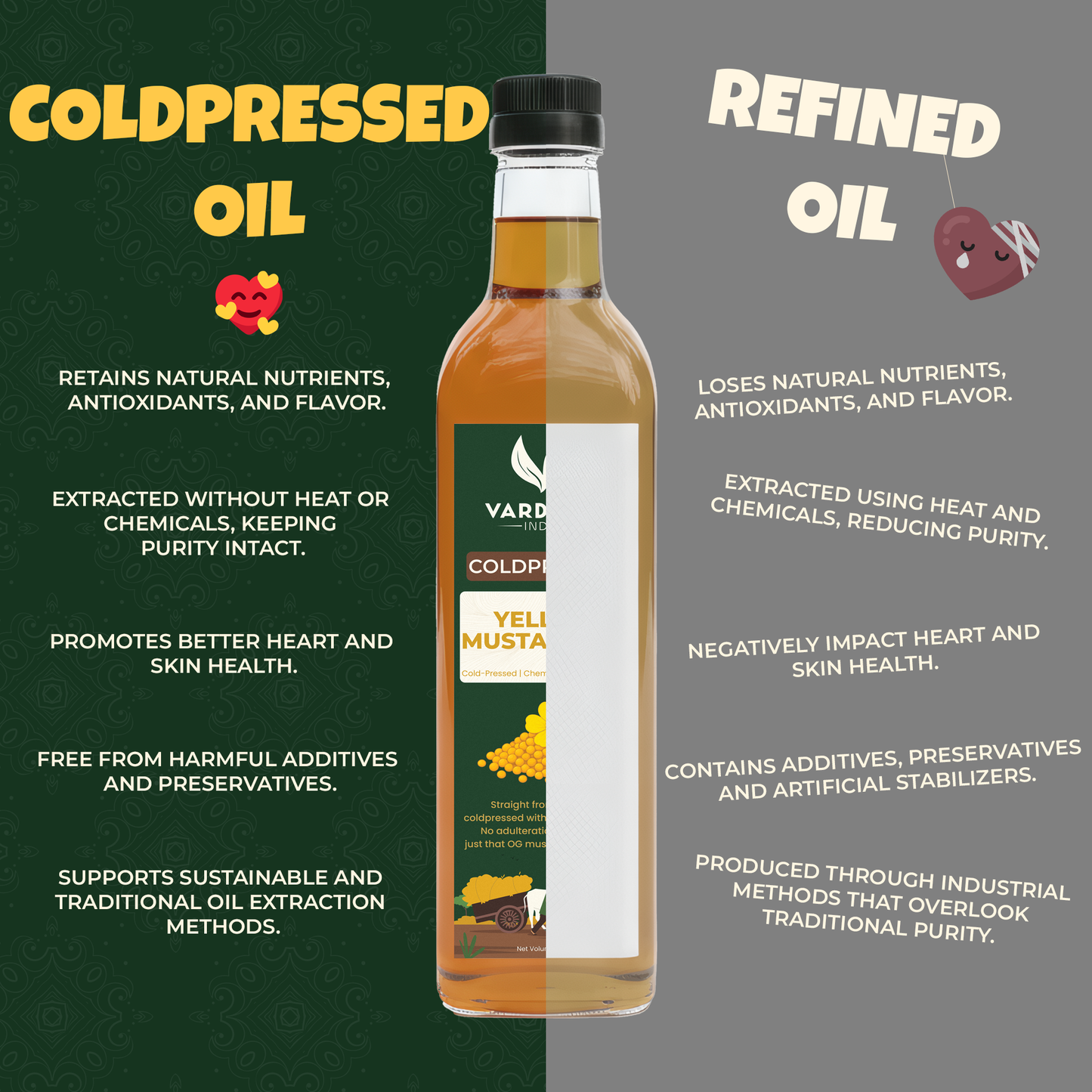 Vardaan India 100% Pure Cold Pressed Yellow Mustard Oil | Wood Pressed Kachi Ghani Sarson Tel | Unrefined & Chemical-Free Cooking Oil | 1L |