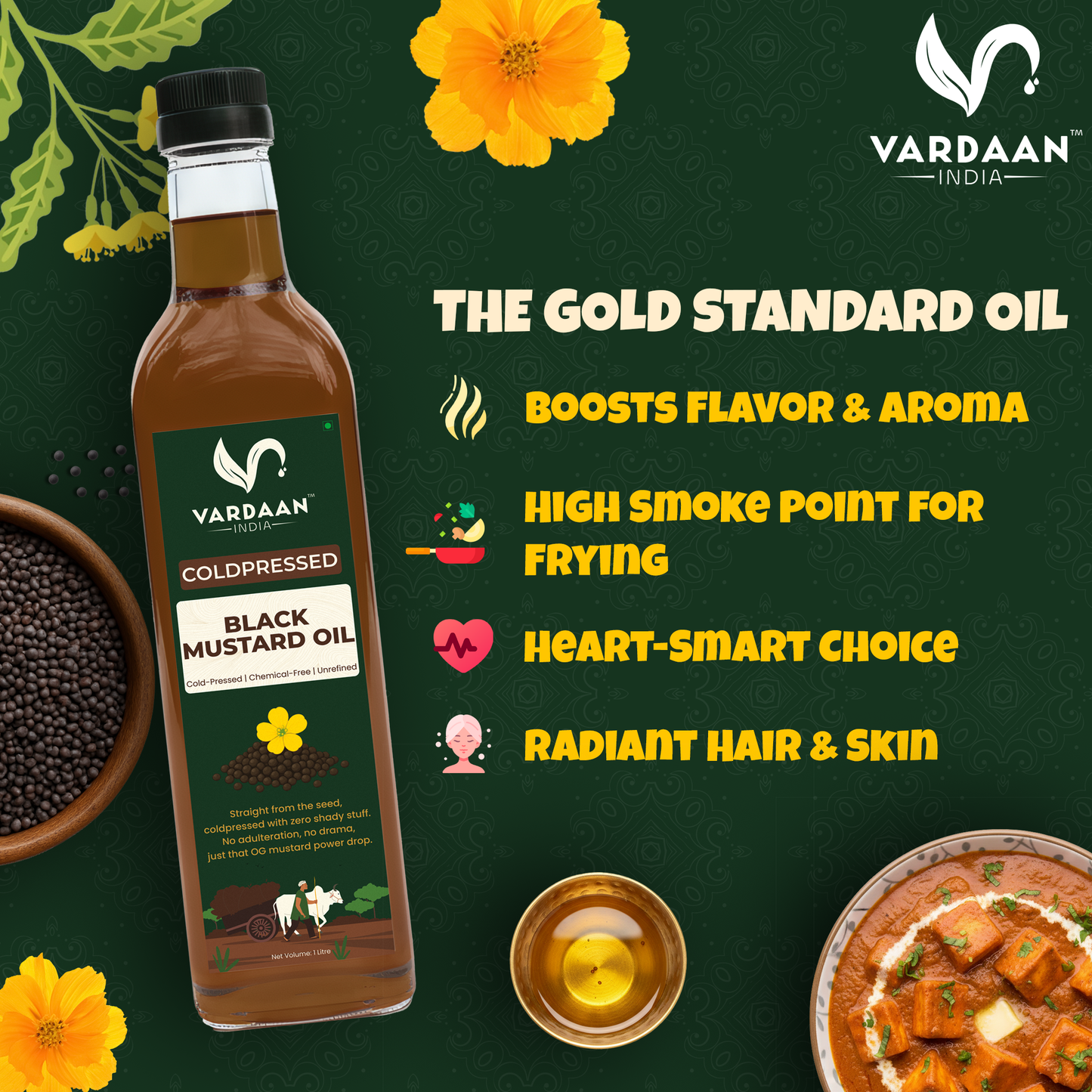 Vardaan India 100% Pure Cold Pressed Black Mustard Oil | Wood Pressed Kachi Ghani Sarson Tel | Unrefined & Chemical-Free Cooking Oil | 1L |