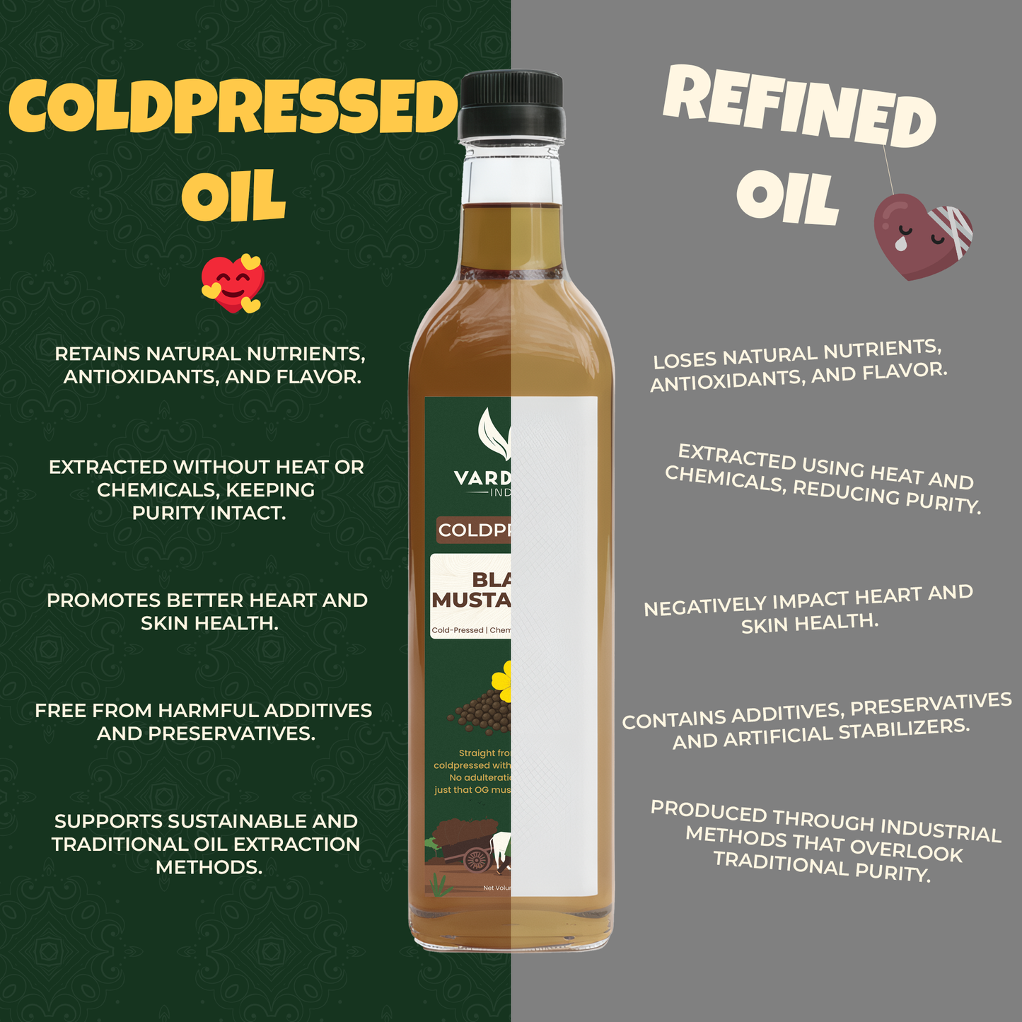 Vardaan India 100% Pure Cold Pressed Black Mustard Oil | Wood Pressed Kachi Ghani Sarson Tel | Unrefined & Chemical-Free Cooking Oil | 1L |