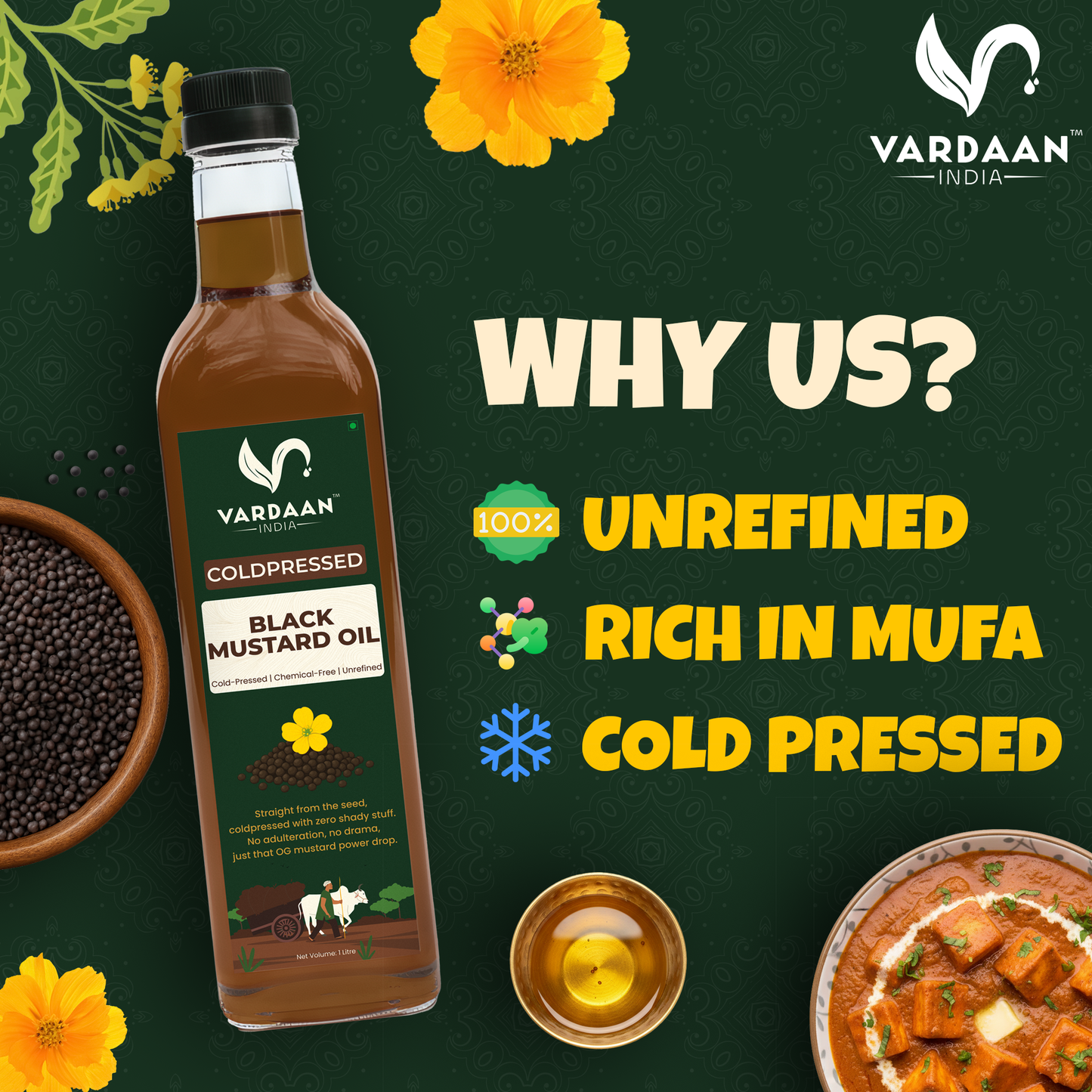 Vardaan India 100% Pure Cold Pressed Black Mustard Oil | Wood Pressed Kachi Ghani Sarson Tel | Unrefined & Chemical-Free Cooking Oil | 1L |