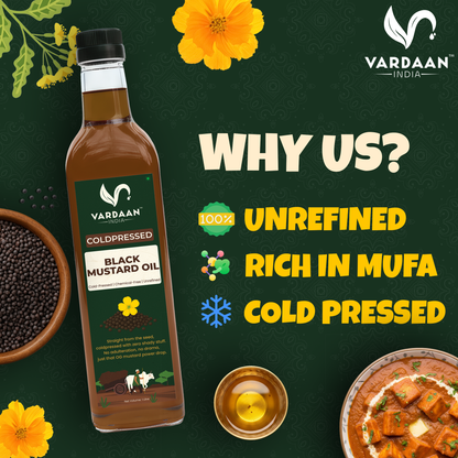 Vardaan India 100% Pure Cold Pressed Black Mustard Oil | Wood Pressed Kachi Ghani Sarson Tel | Unrefined & Chemical-Free Cooking Oil | 1L |