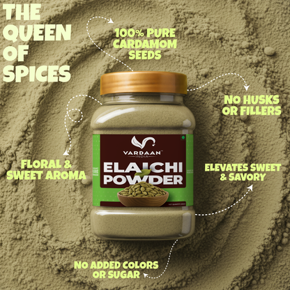 Vardaan India 100% Pure Cardamom Powder | Premium Green Elaichi | Grounded & Aromatic | Natural & Chemical-Free Indian Spice | 200gm |
