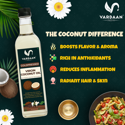 Vardaan India 100% Pure Virgin Cold Pressed Coconut Oil | Wood Pressed & Unrefined | Edible Grade | Hair, Skin & Cooking Oil | 1L |