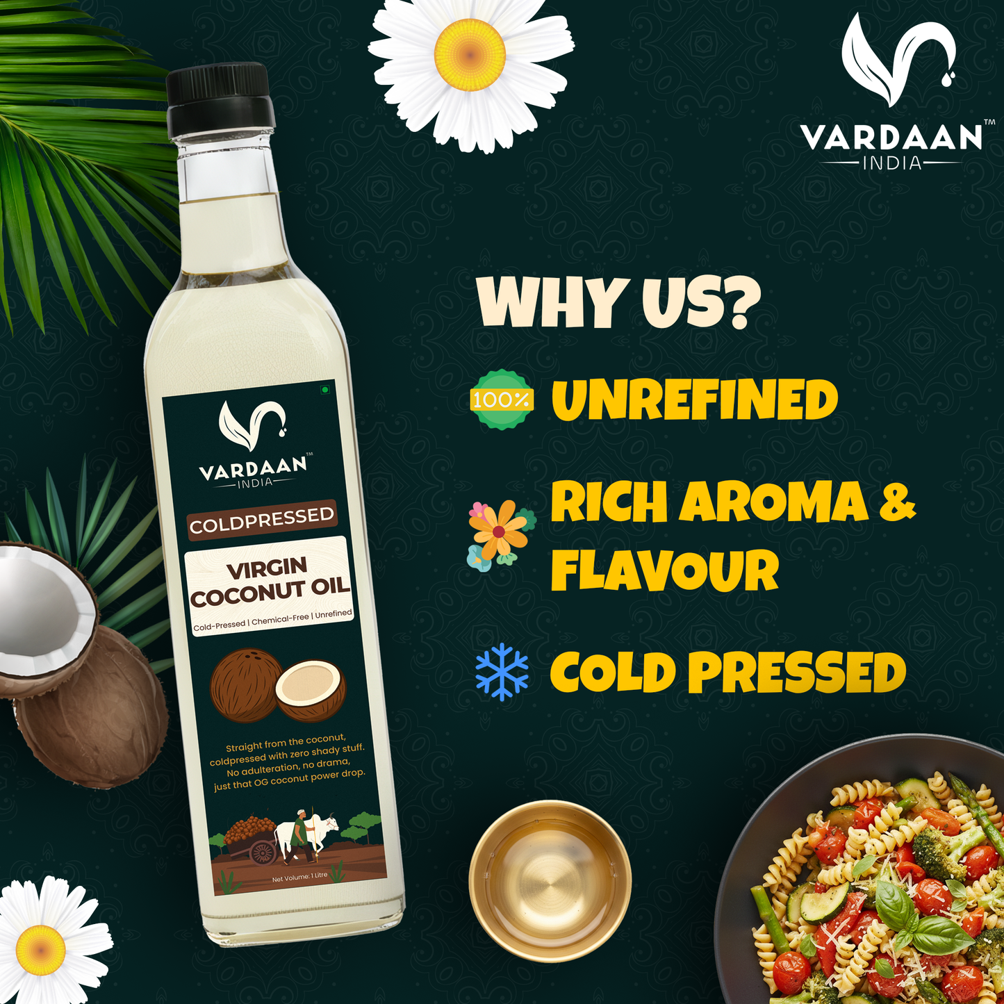 Vardaan India 100% Pure Virgin Cold Pressed Coconut Oil | Wood Pressed & Unrefined | Edible Grade | Hair, Skin & Cooking Oil | 1L |