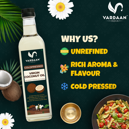 Vardaan India 100% Pure Virgin Cold Pressed Coconut Oil | Wood Pressed & Unrefined | Edible Grade | Hair, Skin & Cooking Oil | 1L |