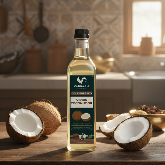 Vardaan India 100% Pure Virgin Cold Pressed Coconut Oil | Wood Pressed & Unrefined | Edible Grade | Hair, Skin & Cooking Oil | 1L |