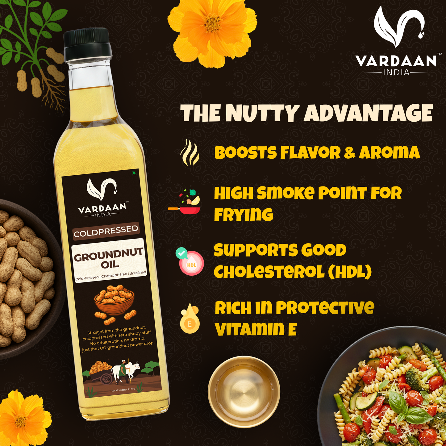 Vardaan India 100% Pure Cold Pressed Groundnut Oil | Wood Pressed Peanut Oil | Unrefined & Chemical-Free Cooking Oil | 1L |