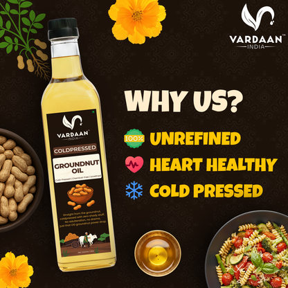 Vardaan India 100% Pure Cold Pressed Groundnut Oil | Wood Pressed Peanut Oil | Unrefined & Chemical-Free Cooking Oil | 1L |