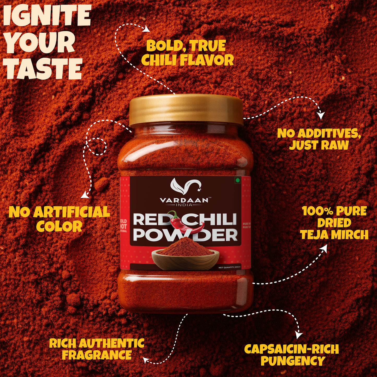 Vardaan India 100% Pure Red Chili Powder | Teja Mirch | Premium Quality, Grounded, and Naturally Processed Indian Spice | 200gm |