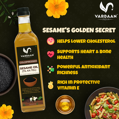 Vardaan India 100% Pure Cold Pressed Sesame Oil | Wood Pressed Gingelly Oil | Unrefined & Chemical-Free Cooking Oil | 1L |