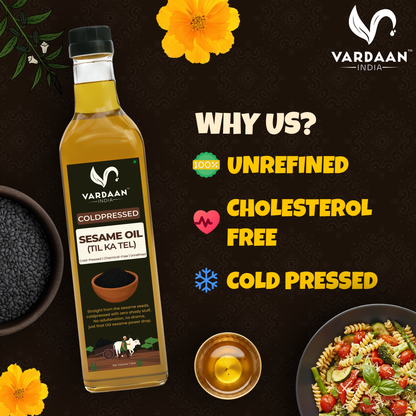 Vardaan India 100% Pure Cold Pressed Sesame Oil | Wood Pressed Gingelly Oil | Unrefined & Chemical-Free Cooking Oil | 1L |
