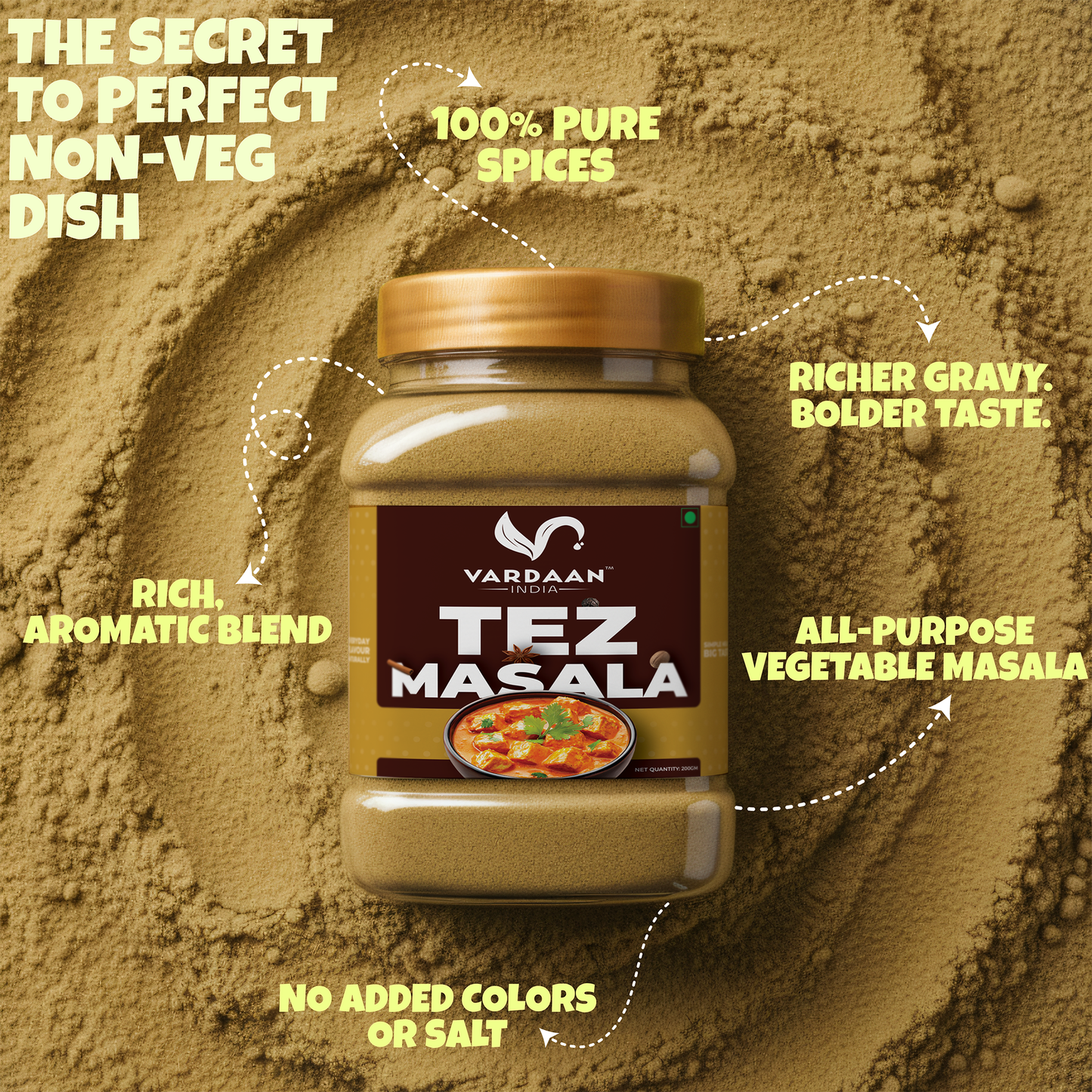 Vardaan India 100% Pure Meat Masala Powder | Traditional Indian Spice Blend | Grounded & Aromatic | Natural & Chemical-Free Masala | 200gm |