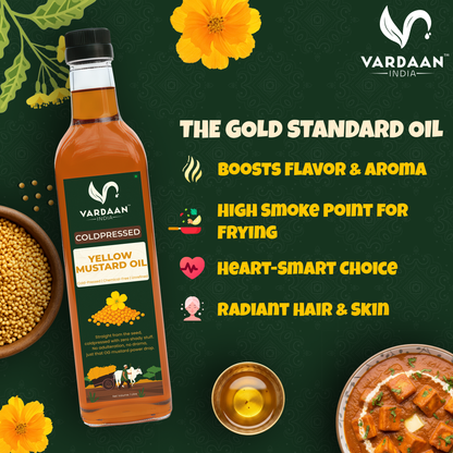Vardaan India 100% Pure Cold Pressed Yellow Mustard Oil | Wood Pressed Kachi Ghani Sarson Tel | Unrefined & Chemical-Free Cooking Oil | 1L |