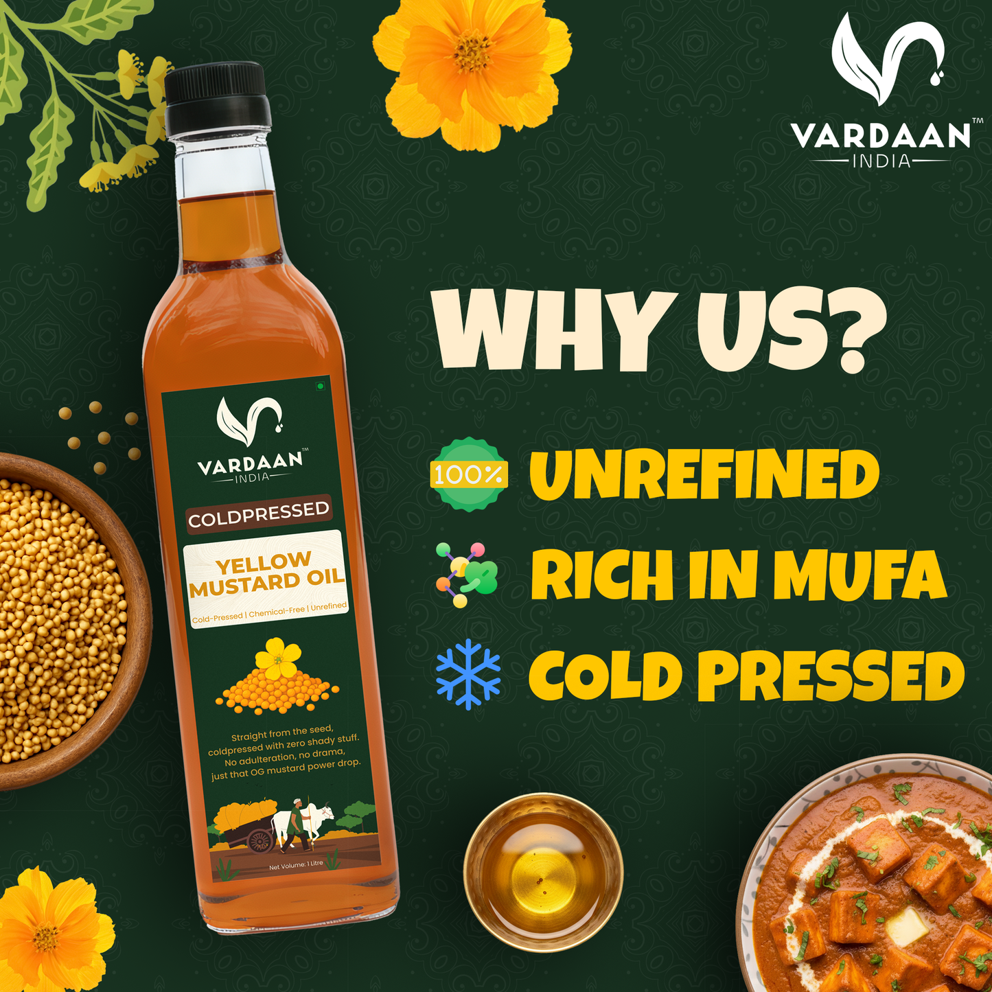 Vardaan India 100% Pure Cold Pressed Yellow Mustard Oil | Wood Pressed Kachi Ghani Sarson Tel | Unrefined & Chemical-Free Cooking Oil | 1L |