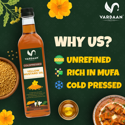 Vardaan India 100% Pure Cold Pressed Yellow Mustard Oil | Wood Pressed Kachi Ghani Sarson Tel | Unrefined & Chemical-Free Cooking Oil | 1L |